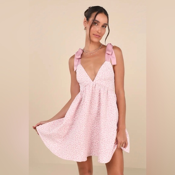 Lulus NWT Size XL Darling Composure Pink Jacquard Sequin Tie Strap Mini Dress - Picture 1 of 9